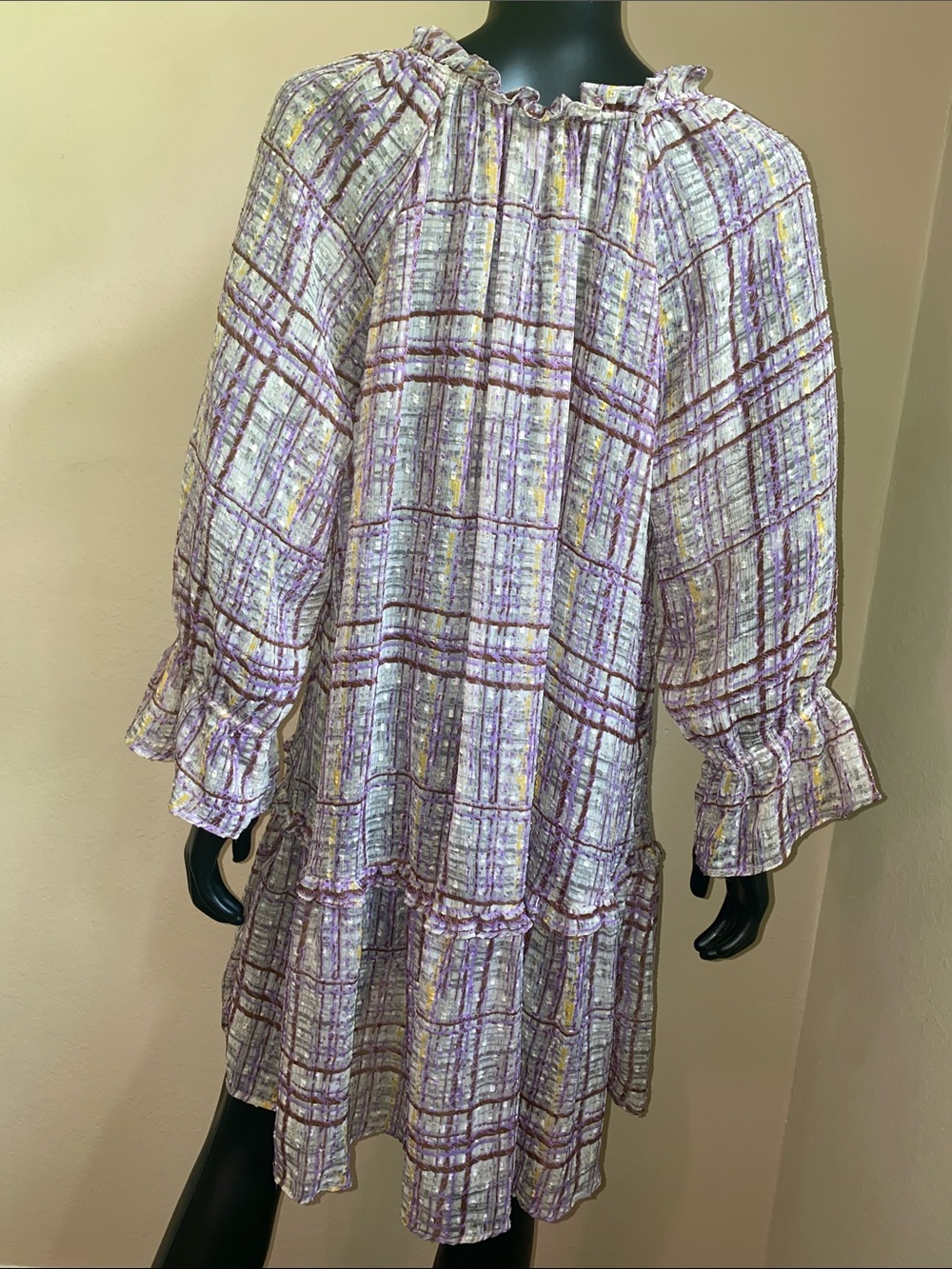 Cato Lavender Plaid Ruffle-Neck Sheer Mini Dress - Picture 7 of 11
